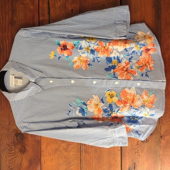 Alfred Dunner | Blue White Striped Floral 3/4 Sleeve Button Down Cotton Size 16 - Picture 1 of 6